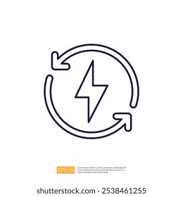 A simple graphic illustration of a circular arrow design with a lightning bolt in the center, symbolizing energy or power recycling.