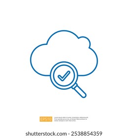 A simple graphic illustration of a cloud with a magnifying glass, featuring a check mark, symbolizing cloud verification or data validation.