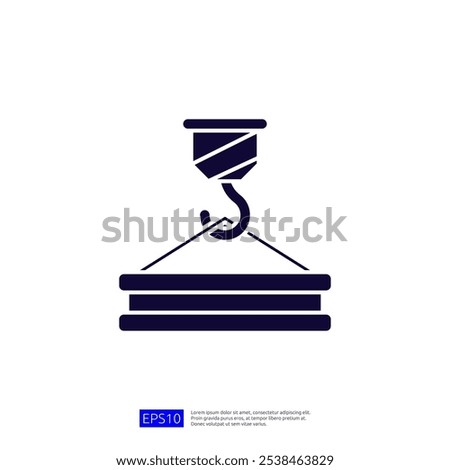 A simple graphic illustration of a crane hook lifting a stack of materials, symbolizing construction and industrial activities.
