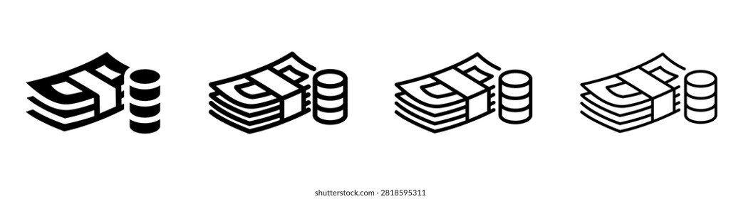 A simple graphic illustration depicting a bundle of banknotes alongside a stack of coins, symbolizing monetary assets and accumulation