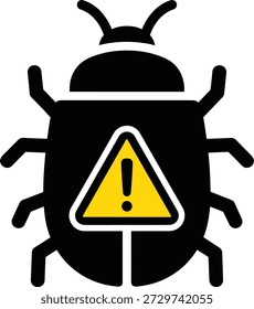 A simple graphic illustration depicting a computer bug or a pest problem with a warning sign, icon arranged in a clean, perfectly aligned grid, flat vector design, solid black color, consistent stroke and proportions, fully editable EPS vector format, no gradients, no shadows, no text