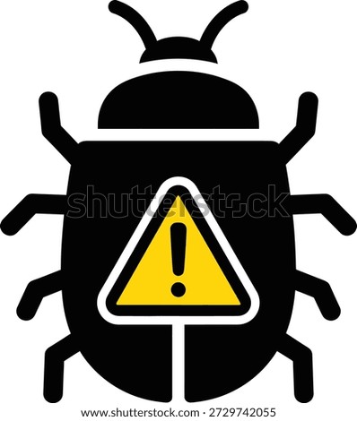 A simple graphic illustration depicting a computer bug or a pest problem with a warning sign, icon arranged in a clean, perfectly aligned grid, flat vector design, solid black color, consistent stroke and proportions, fully editable EPS vector format, no gradients, no shadows, no text