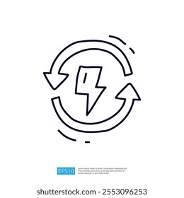 Uma ilustração gráfica simples representando um raio dentro de um design de seta circular, simbolizando energia ou reciclagem de energia.