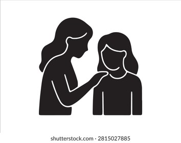 A simple graphic illustration depicting two sisters embracing, showcasing a strong familial bond. The image is rendered as a striking black silhouette against a white background, emphasizing its clean and modern aesthetic.