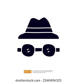 A simple graphic illustration featuring a hat and sunglasses, often associated with a detective or a spy theme.