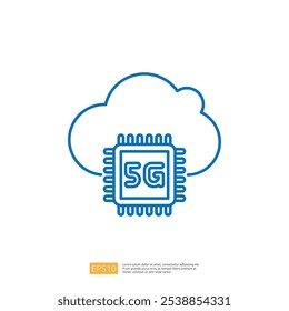 A simple graphic illustration featuring a microchip labeled "5G" beneath a cloud, symbolizing cloud computing and 5G technology integration.