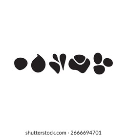 A simple graphic illustration featuring a row of six distinct organic, blob-like shapes in black on a white background. 