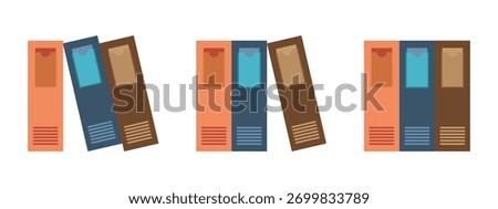 A simple graphic illustration featuring three distinct binders or file folders arranged in a row, each with a unique color and label area. Collection of three colorful binders or files on a white background. EPS10 Vector illustration