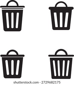 A simple graphic illustration of four identical black trash cans with handles