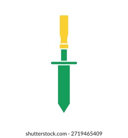 Ilustración gráfica simple de una daga verde con un mango amarillo aislado sobre un fondo blanco