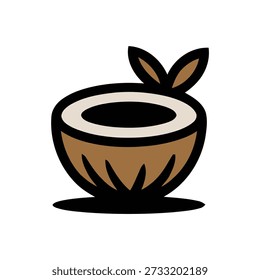 Una simple ilustración gráfica de un coco cortado a la mitad con dos hojas verdes que brotan de la parte superior.