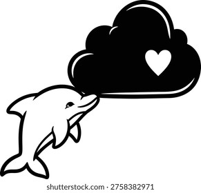 Simple graphic illustration of a happy dolphin with a cloud and heart, symbolizing love and ocean