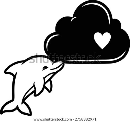 Simple graphic illustration of a happy dolphin with a cloud and heart, symbolizing love and ocean