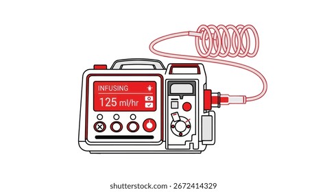 A simple, graphic illustration of an infusion pump depicting its operational status and settings. The device is connected to tubing that delivers fluid at a controlled rate. The image highlights the