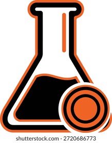 Ilustração gráfica simples de um frasco de laboratório com líquido no interior e um símbolo circular