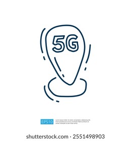 A simple graphic illustration of a location marker with "5G" text, symbolizing high-speed mobile network connectivity.