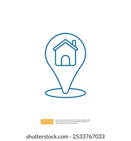 Ilustração gráfica simples de um pino de localização com um ícone de casa, simbolizando casa ou imóveis.