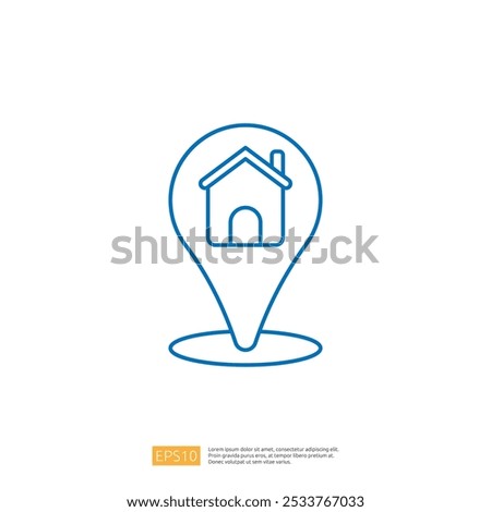 A simple graphic illustration of a location pin featuring a house icon, symbolizing home or real estate.