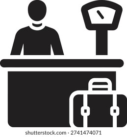 A simple graphic illustration of a man standing behind a counter, next to a scale, with a suitcase placed beside the counter.