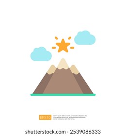 A simple graphic illustration of a mountain landscape with a star and clouds, conveying a sense of nature and adventure.