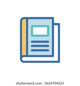 Simple graphic illustration of an open book, rendered in flat style with blue, gold, and white colors.