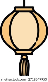 Una simple ilustración gráfica de una linterna naranja con un contorno negro. Cuenta con un cuerpo redondeado con paneles segmentados y una borla negra que cuelga de la parte inferior.