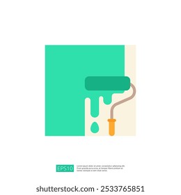 Eine einfache grafische Illustration einer Farbwalze, die auf eine Wand Farbe aus Stahl aufträgt und so die Verbesserung oder Renovierung eines Hauses symbolisiert.