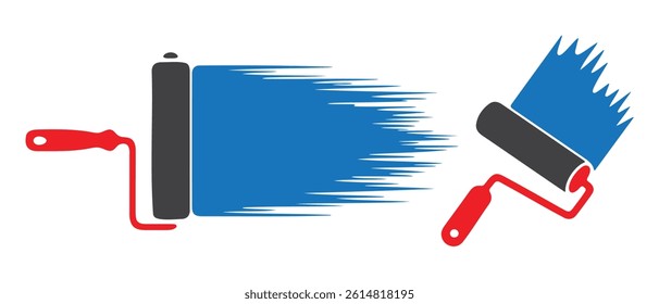 A simple, graphic illustration of a paint roller applying a vibrant blue paint.