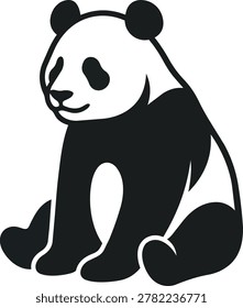 A simple, graphic illustration of a panda sitting down, depicted in black and white with bold lines and shapes.