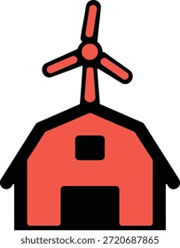 A simple graphic illustration of a red barn with a wind turbine on top