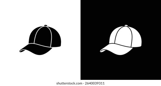 Simple graphic illustration showing a baseball cap silhouette in black on white background, and vice versa, isolated on contrasting black and white backgrounds.