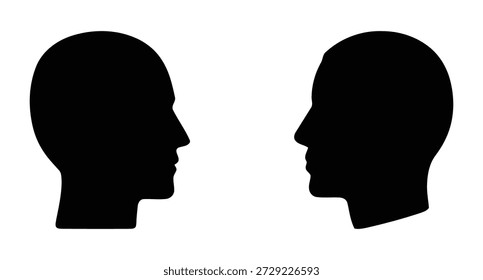 A simple graphic illustration showing two dark human head profiles facing opposite directions, symbolizing communication, dialogue, confrontation