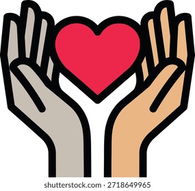 Una ilustración gráfica simple muestra dos manos ahuecadas, una beige y otra gris, sosteniendo un icono de corazón rojo brillante. Los contornos negros y negritas definen las Formas.