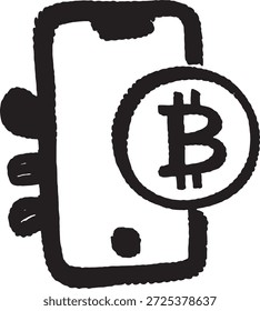Ilustración gráfica simple de un teléfono inteligente junto a un símbolo de bitcoin sobre un fondo blanco que representa transacciones de criptomonedas móviles y cambio de moneda digital.