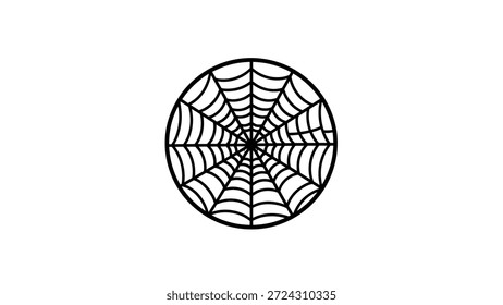 Uma ilustração gráfica simples de uma teia de aranha em forma circular, apresentada sobre um fundo branco limpo. Ideal para conceitos de conexão, caça ou Halloween.