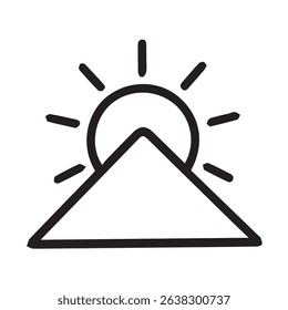 Simple graphic illustration of sunrise over a mountain peak rendered in black and white with a clean minimalist aesthetic. Ideal for logo or icon.