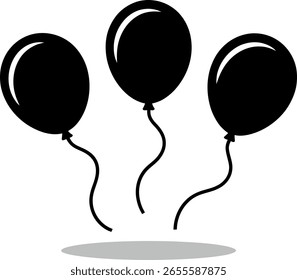 Una ilustración simple y gráfica de tres globos oscuros de forma ovalada atados por cuerdas delgadas y onduladas, proyectando una sombra sutil debajo.