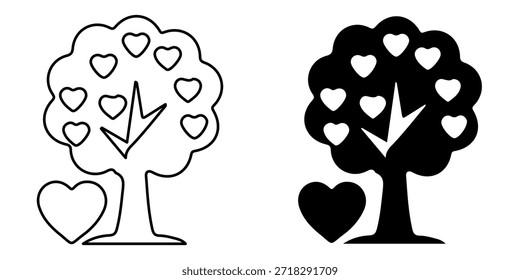 Una simple ilustración gráfica de un árbol con hojas en forma de corazón y un corazón Grande en su base, presentado tanto en el contorno como en la silueta.
