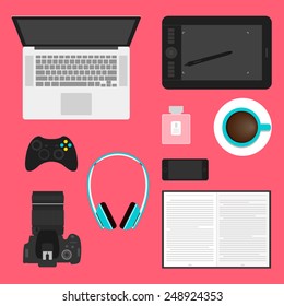 simple graphic illustration in a trendy flat style with objects used in everyday life of modern people isolated on bright red background for use in design
