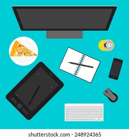 simple graphic illustration in trendy flat style with some personal objects used in everyday life of modern people isolated on bright cover for use in design for poster, banner, placard or billboard