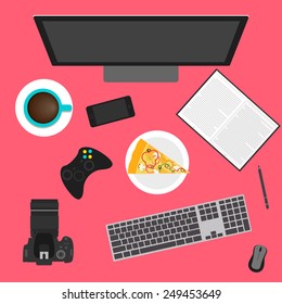 simple graphic illustration in trendy flat style with objects used in everyday life of modern people isolated on bright red background for use in design for poster, banner, placard or billboard