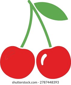 A simple graphic illustration of two ripe red cherries connected by green stems, with one green leaf.
