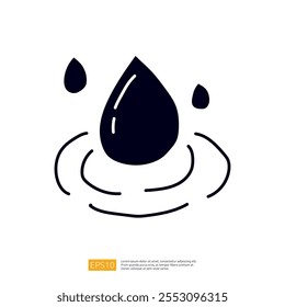 A simple graphic illustration of a water droplet and ripples, symbolizing water, purity, or nature.