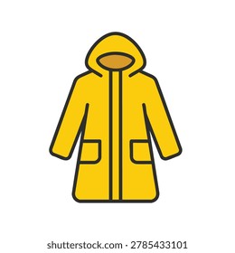 A simple graphic illustration of a yellow raincoat featuring a hood and two front pockets.