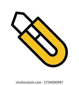 Uma ilustração gráfica simples de uma faca de utilidade amarela com um contorno preto, angulada diagonalmente em um fundo branco. A lâmina é parcialmente estendida.