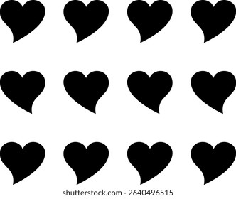 A simple, graphic image of twelve solid black heart shapes arranged in a 3x4 grid against a plain white background.