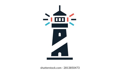 Simple graphic of a lighthouse tower with beams of light. Ideal for maritime themes, coastal branding, navigation symbols, or metaphors for guidance and safety.