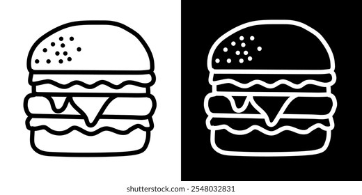 A simple, graphic line art illustration of a double-decker burger with cheese, toppings, and sesame seeds on the bun.