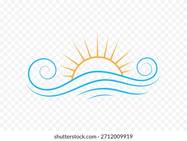 Logotipo gráfico simple de una puesta de sol sobre el agua sobre un fondo transparente.