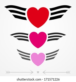 Simple graphic love emblems with hearts and wings
